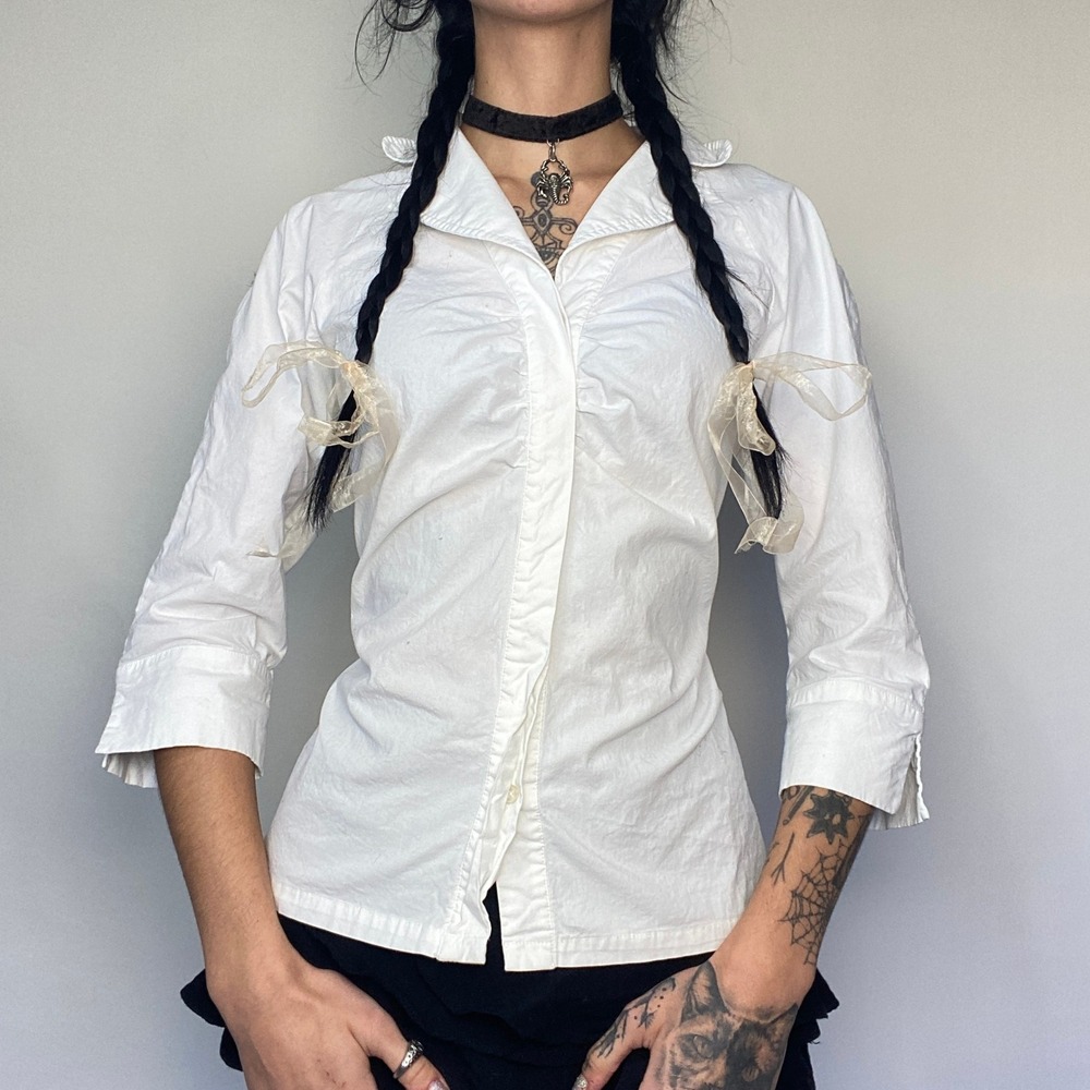 Notations White Cotton Ruched Bust Button Front 3/4 Sleeve Fitted Blouse Top M